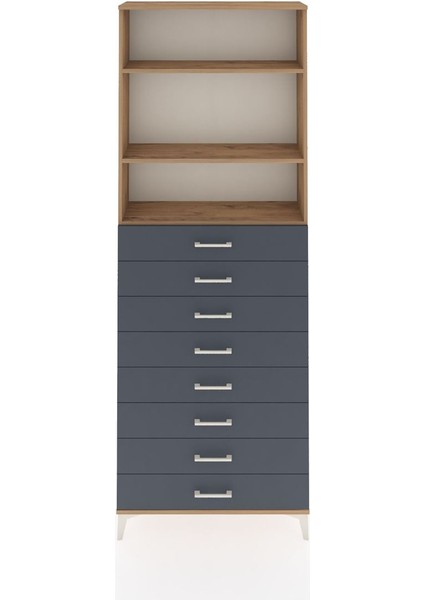 Arges Dolap 3 Raflı 8 Çekmeceli 88X30X243 Çam-Antrasit