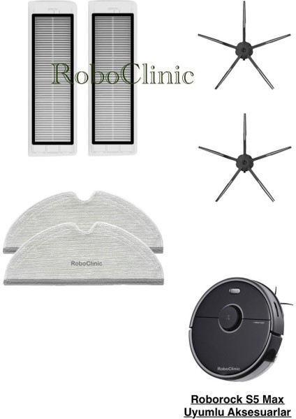 Roborock S5 Max Siyah Robot Süpürge Uyumlu Yedek Fırça, Hepa Filtre, Mop - 6 Parça