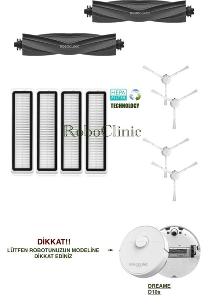 Dreame Bot D10S Beyaz Yedek Ana Fırça, Yan Fırça, Hepa Filtre - 10 Parça