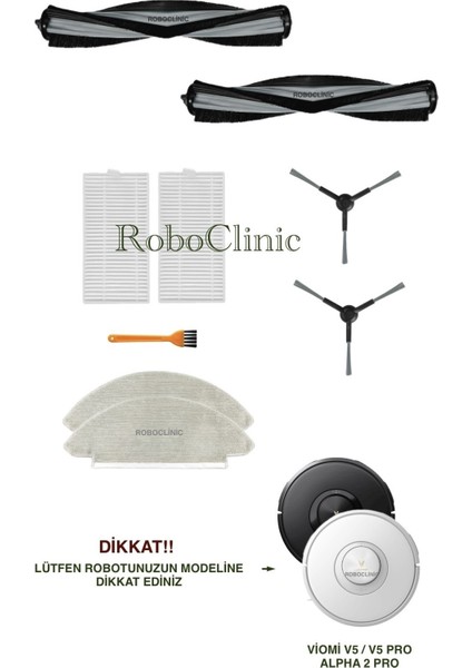Viomi V5 - V5 Pro - Alpha 2 Pro Robot Süpürge Uyumlu Yedek Fırça, Hepa Filtre, Mop - 9 Parça