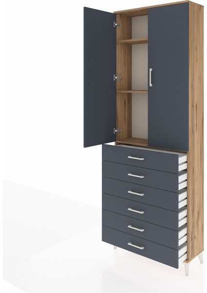 Arges Dolap 3 Raflı 6 Çekmeceli 2 Kapaklı 88X30X243 Çam-Antrasit fırsatları