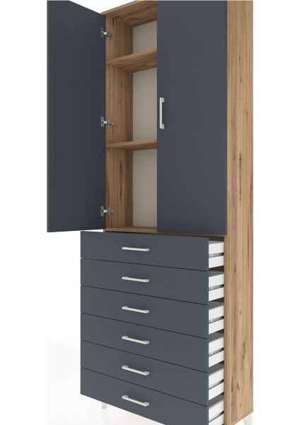 Arges Dolap 3 Raflı 6 Çekmeceli 2 Kapaklı 88X30X243 Çam-Antrasit indirimleri