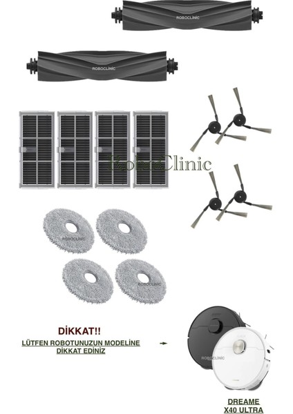 Dreame X40 Ultra / L40 Ultra Yedek Ana Fırça, Yan Fırça, Hepa Filtre, Mop - 14 Parça