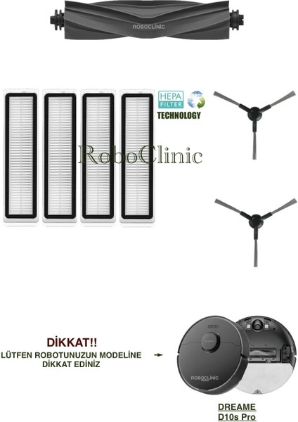 Dreame Bot D10S Pro Siyah Yedek Ana Fırça, Yan Fırça, Hepa Filtre - 7 Parça