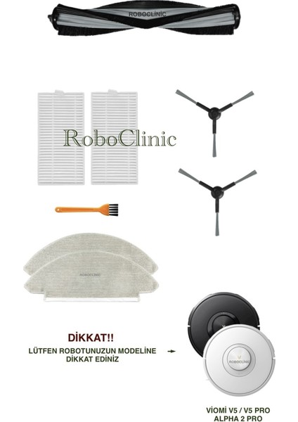 Viomi V5 - V5 Pro - Alpha 2 Pro Robot Süpürge Uyumlu Yedek Fırça, Hepa Filtre, Mop - 8 Parça