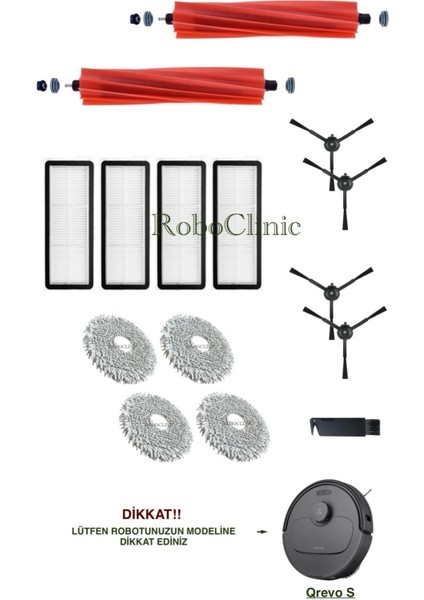 Roborock Qrevo S Siyah Yedek Ana Fırça, Yan Fırça, Hepa Filtre, Mop - 15 Parça