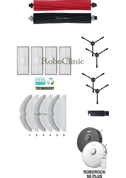 Roborock S8 Plus Yedek Ana Fırça, Yan Fırça, Hepa Filtre, Mop - 17 Parça