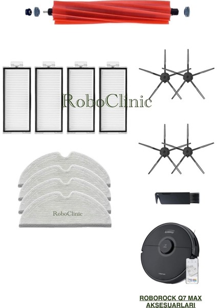 Roborock Q7 Max Siyah Yedek Ana Fırça, Yan Fırça, Hepa Filtre, Mop - 14 Parça