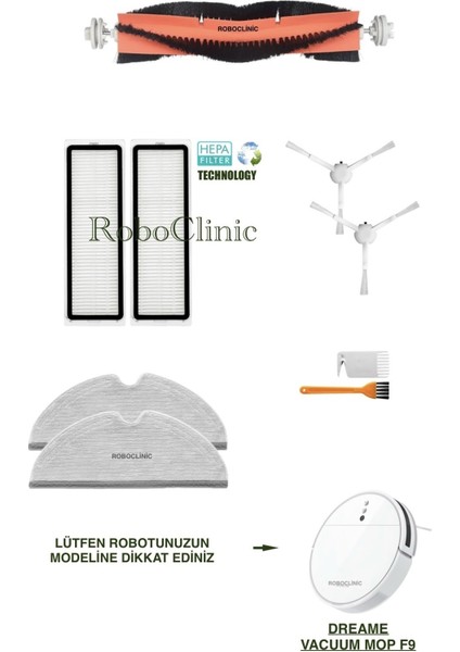 Dreame Vacuum Mop F9 Yedek Ana Fırça, Yan Fırça, Hepa Filtre, Mop - 9 Parça