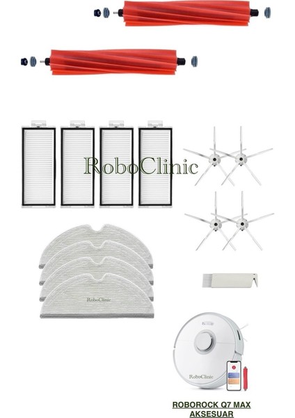 Roborock Q7 Max Beyaz Yedek Ana Fırça, Yan Fırça, Hepa Filtre, Mop - 15 Parça