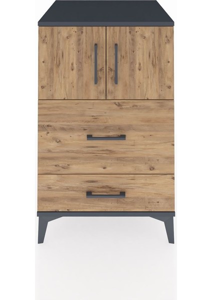 Kronos Komodin Tek Raflı 2 Çekmeceli 2 Kapaklı 60X59X96 Antrasit-Çam