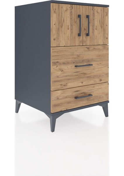 Kronos Komodin Tek Raflı 2 Çekmeceli 2 Kapaklı 60X59X96 Antrasit-Çam fiyatları