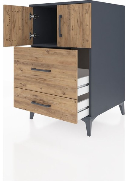 Kronos Komodin Tek Raflı 2 Çekmeceli 2 Kapaklı 60X59X96 Antrasit-Çam fırsatları