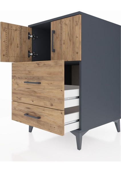 Kronos Komodin Tek Raflı 2 Çekmeceli 2 Kapaklı 60X59X96 Antrasit-Çam indirimleri