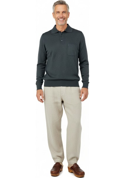Erkek Kazak Premium Yün Tarzı Klasik Polo Yaka Düğmeli Cepli Rahat Tam Kalıp