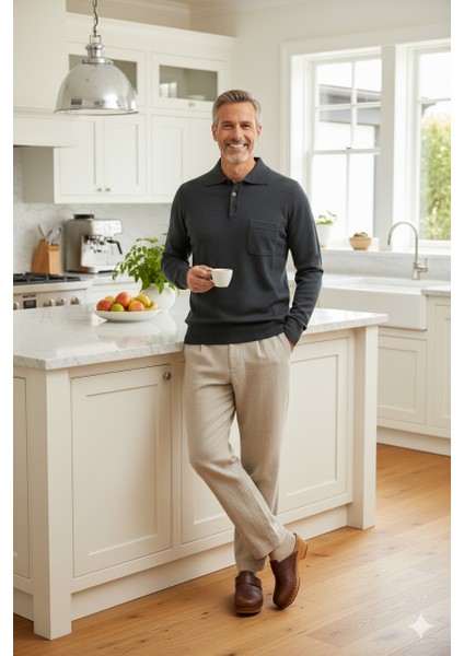 Erkek Kazak Premium Yün Tarzı Klasik Polo Yaka Düğmeli Cepli Rahat Tam Kalıp fırsatları