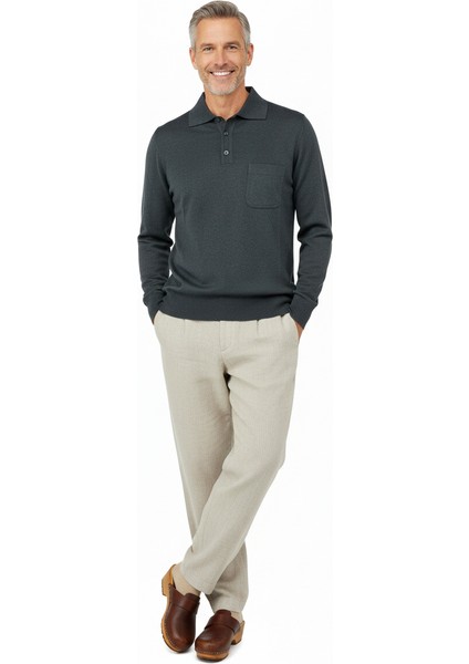 Erkek Kazak Premium Yün Tarzı Klasik Polo Yaka Düğmeli Cepli Rahat Tam Kalıp indirimleri
