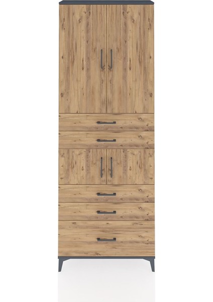 Arges Dolap 4 Raflı 5 Çekmeceli 4 Kapaklı 88X30X243 Antrasit-Çam