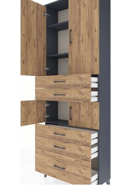 Arges Dolap 4 Raflı 5 Çekmeceli 4 Kapaklı 88X30X243 Antrasit-Çam indirimleri