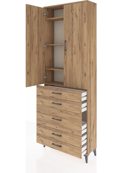 Arges Dolap 4 Raflı 5 Çekmeceli 2 Kapaklı 88X30X243 Çam-Çam fırsatları