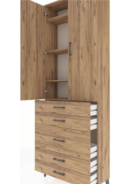 Arges Dolap 4 Raflı 5 Çekmeceli 2 Kapaklı 88X30X243 Çam-Çam indirimleri