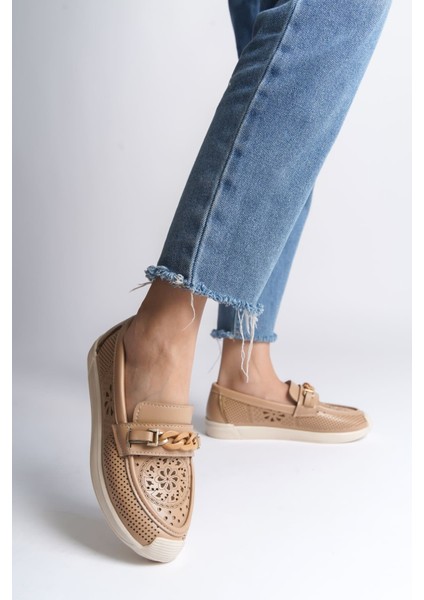 Lızy Bağcıksız Ortopedik Rahat Taban Çiçek Desenli Kadın Babet Ayakkabı Ckt - Ten