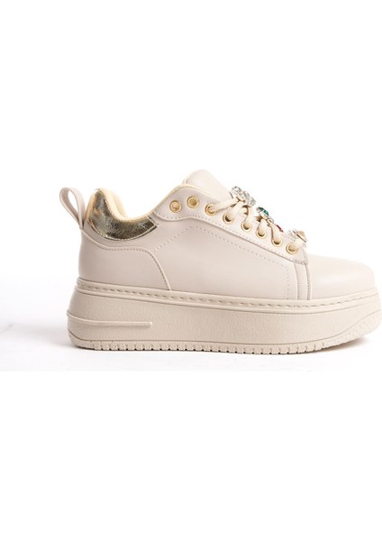 Brıanna Bağcıklı Ortopedik Taban Renkli Taş Dekorlu Kadın Sneaker Spor Ayakkabı Ckt - Krem/altın
