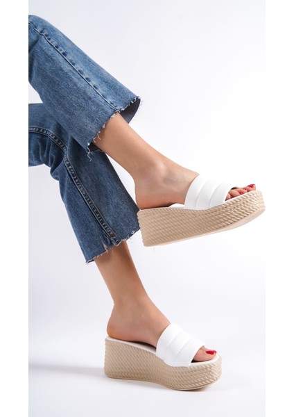 Reına Dolgu Topuklu Ortopedik Taban Hasır Görünümlü Kadın Terlik Ckt - Beyaz modelleri