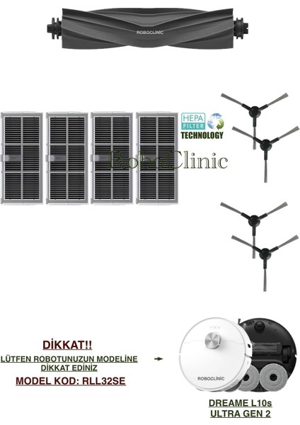 Dreame L10S Ultra Gen 2 Yedek Ana Fırça, Yan Fırça, Hepa Filtre - 9 Parça