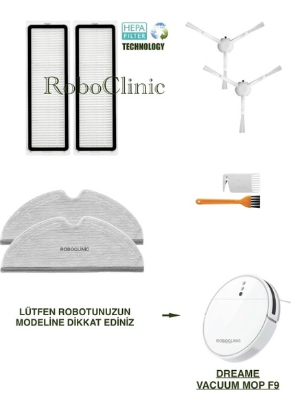 Dreame Vacuum Mop F9 Yedek Yan Fırça, Hepa Filtre, Mop - 8 Parça