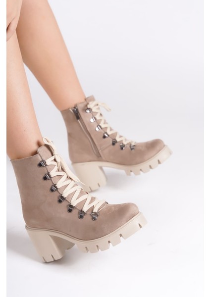 Emma Bağcıklı Fermuarlı Ortopedik Taban Topuklu Süet Kadın Bot Stt - Ten modelleri