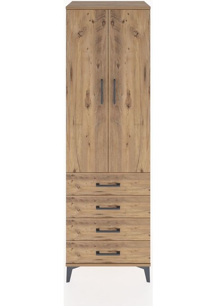 Hyperion Dolap Tek Raflı 4 Çekmeceli Tek Askılı 60X44X195 Çam-Çam
