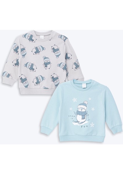 Yeni Sezon Bisiklet Yaka Uzun Kollu Baskılı Erkek Bebek Sweatshirt 2'li