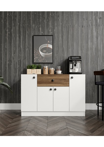 %100 Mdf 4 Kapaklı 1 Çekmeceli Çok Amaçlı Mutfak Dolabı – Kahve Köşesi – Erzak Dolabı (80X120X40 Cm) Moriva Ceviz-Soft Beyaz