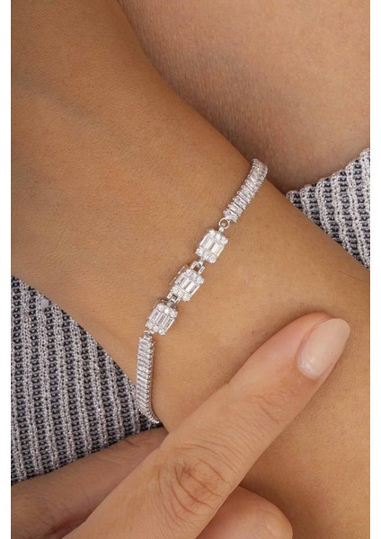 Üçlü Baget Taşı Full Taş Kadın Gümüş Bileklik