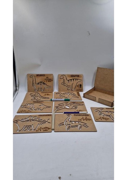 Ahşap Montessori Dinozorlar Çizim Seti Kutulu 9 Adet