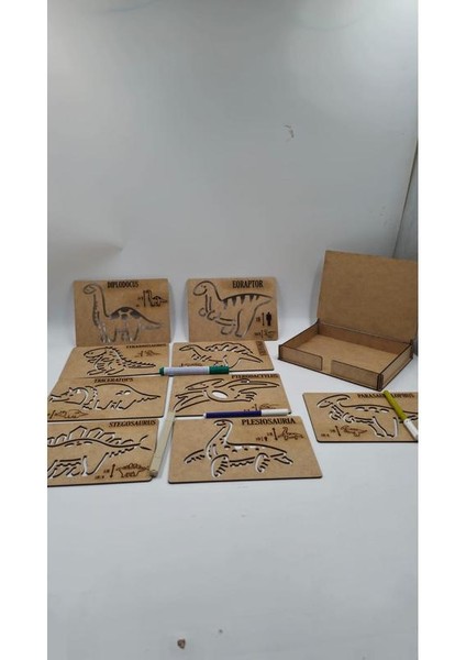 Ahşap Montessori Dinozorlar Çizim Seti Kutulu 9 Adet