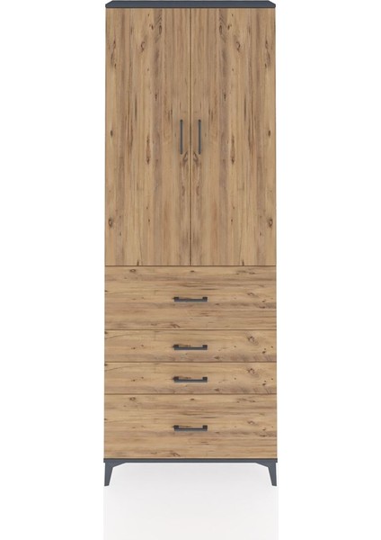 Arges Dolap 4 Raflı 4 Çekmeceli 2 Kapaklı 88X30X243 Antrasit-Çam