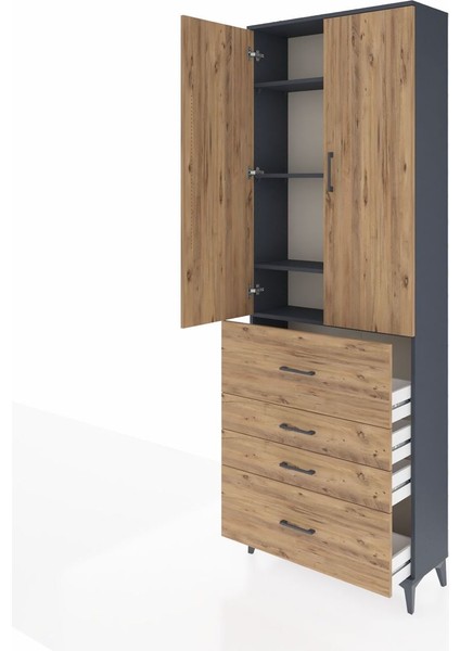 Arges Dolap 4 Raflı 4 Çekmeceli 2 Kapaklı 88X30X243 Antrasit-Çam fırsatları