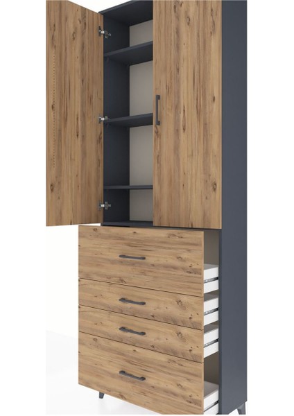 Arges Dolap 4 Raflı 4 Çekmeceli 2 Kapaklı 88X30X243 Antrasit-Çam indirimleri