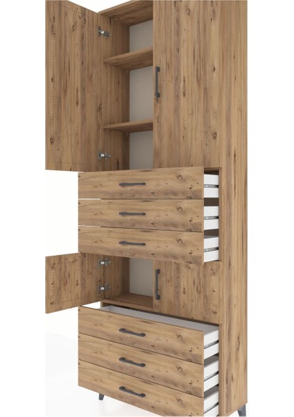 Arges Dolap 4 Raflı 6 Çekmeceli 4 Kapaklı 88X30X243 Çam-Çam indirimleri