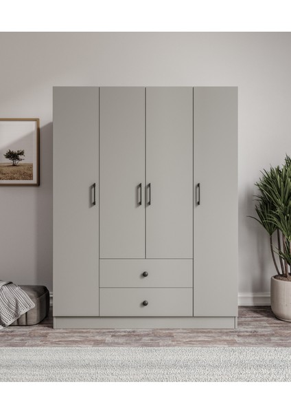 %100 Mdf 4 Kapaklı 2 Çekmeceli 12 Raflı Elbise Dolabı – Gardırop 182X140X52 cm Gri-Soft Beyaz Animasyonlu Moriva