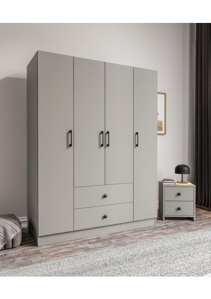 %100 Mdf 4 Kapaklı 2 Çekmeceli 12 Raflı Elbise Dolabı – Gardırop 182X140X52 cm Gri-Soft Beyaz Animasyonlu Moriva fiyatları
