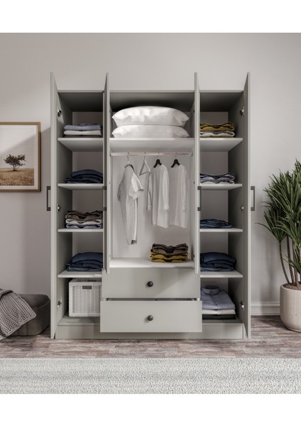 %100 Mdf 4 Kapaklı 2 Çekmeceli 12 Raflı Elbise Dolabı – Gardırop 182X140X52 cm Gri-Soft Beyaz Animasyonlu Moriva modelleri