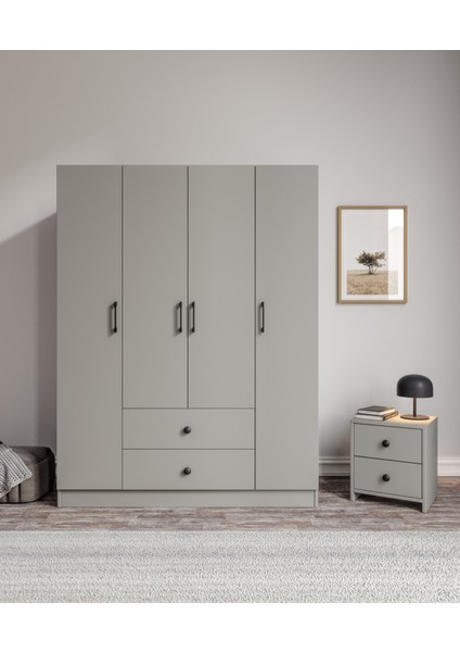 %100 Mdf 4 Kapaklı 2 Çekmeceli 12 Raflı Elbise Dolabı – Gardırop 182X140X52 cm Gri-Soft Beyaz Animasyonlu Moriva indirimleri