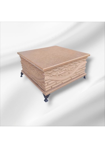 Ahşap- Ham Mdf- Desenli-Takı-Makyaj-Aksesuar-Çok Amaçlı- Ayaklı Kare Dekoratif Kutu