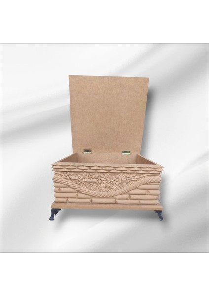 Ahşap- Ham Mdf- Desenli-Takı-Makyaj-Aksesuar-Çok Amaçlı- Ayaklı Kare Dekoratif Kutu
