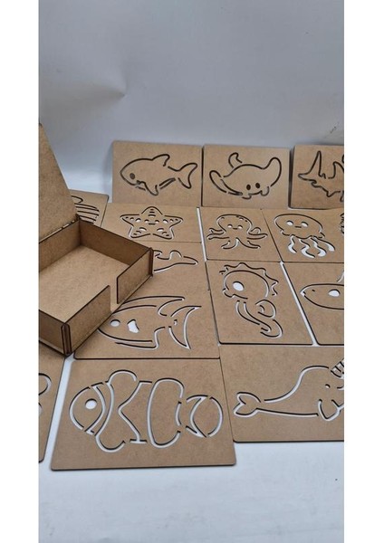 Ahşap Montessori Deniz Hayvanları Çizim Seti Kutulu 18 Adet