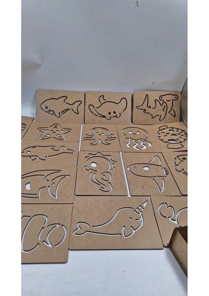 Ahşap Montessori Deniz Hayvanları Çizim Seti Kutulu 18 Adet modelleri