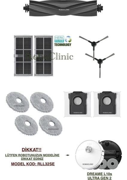 Dreame L10S Ultra Gen 2 Yedek Ana Fırça, Yan Fırça, Hepa Filtre, Mop, Toz Torbası - 11 Parça